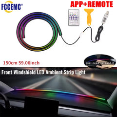 Front Windshield LED Atmospere Light Strip 150cm Car RGB USB APP Control Remote Symphony Ambient Mood Lights 5V Universal
