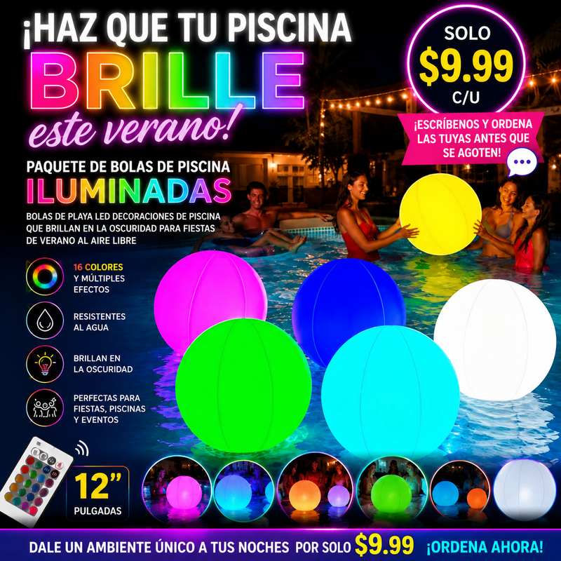 Bolas de piscina iluminadas, bolas de playa LED decoraciones de piscina que brillan en la oscuridad para fiestas de verano al aire libre